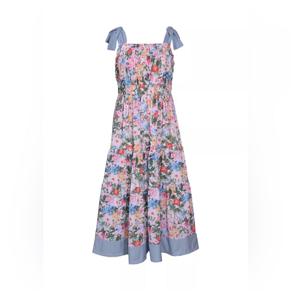 Bonnie Jean Floral Tie-Shoulder Maxi Dress in Blue and Multicolor